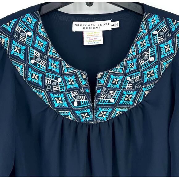 Gretchen Scott Embroiered Beaded Boho Tunic Top Womens Size Large Blue - Picture 2 of 6